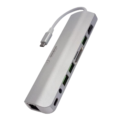 Grenoplus USB 3.0 Type-C 九合一多功能Macbook Hub集線器-神秘銀 | 多樣功能一次擁有，體積輕巧方便攜帶。三孔USB 3.0設計，可同時支援多種USB設備，傳輸速率最高可達5Gbps支援HDMI 4K影像輸出，高清畫質盡收眼底3.5mm音源接孔設計，天籟之聲即時釋放，立即享受無損音質。RJ45網路接孔，享受有線網路快速穩定，最高1000Mbps。鋁製金屬外殼，外型時尚，散熱佳，有助於減少電磁波訊號干擾。支援多種電腦裝置與作業系統 MacOS/Windows/iOS/Linux。