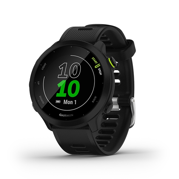 Garmin Forerunner 55 GPS智慧心率跑錶 率性黑 | 一款容易上手的跑錶，可監測腕式心率並利用 GPS 追蹤跑步距離、速度及位置依據近期的跑步表現、恢復時間及體能狀況提供每日訓練建議透過 PacePro (簡易版) 為特定路線或一段特定距離獲得配速指引電池效能：手錶模式下長達 14 天， GPS 模式下長達 20 小時。