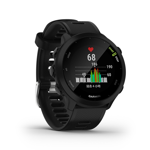 Garmin Forerunner 55 GPS智慧心率跑錶 率性黑 | 一款容易上手的跑錶，可監測腕式心率並利用 GPS 追蹤跑步距離、速度及位置依據近期的跑步表現、恢復時間及體能狀況提供每日訓練建議透過 PacePro (簡易版) 為特定路線或一段特定距離獲得配速指引電池效能：手錶模式下長達 14 天， GPS 模式下長達 20 小時。