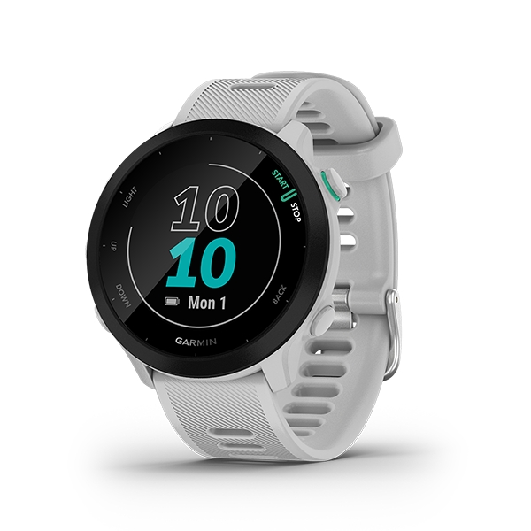 Garmin Forerunner 55 GPS智慧心率跑錶 簡約白 | 一款容易上手的跑錶，可監測腕式心率並利用 GPS 追蹤跑步距離、速度及位置依據近期的跑步表現、恢復時間及體能狀況提供每日訓練建議透過 PacePro (簡易版) 為特定路線或一段特定距離獲得配速指引電池效能：手錶模式下長達 14 天， GPS 模式下長達 20 小時。