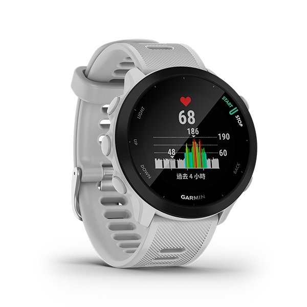Garmin Forerunner 55 GPS智慧心率跑錶 簡約白 | 一款容易上手的跑錶，可監測腕式心率並利用 GPS 追蹤跑步距離、速度及位置依據近期的跑步表現、恢復時間及體能狀況提供每日訓練建議透過 PacePro (簡易版) 為特定路線或一段特定距離獲得配速指引電池效能：手錶模式下長達 14 天， GPS 模式下長達 20 小時。