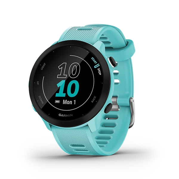 Garmin Forerunner 55 GPS智慧心率跑錶 奔放藍 | 一款容易上手的跑錶，可監測腕式心率並利用 GPS 追蹤跑步距離、速度及位置依據近期的跑步表現、恢復時間及體能狀況提供每日訓練建議透過 PacePro (簡易版) 為特定路線或一段特定距離獲得配速指引電池效能：手錶模式下長達 14 天， GPS 模式下長達 20 小時。