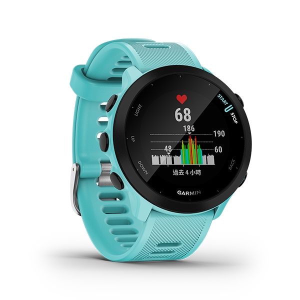 Garmin Forerunner 55 GPS智慧心率跑錶 奔放藍 | 一款容易上手的跑錶，可監測腕式心率並利用 GPS 追蹤跑步距離、速度及位置依據近期的跑步表現、恢復時間及體能狀況提供每日訓練建議透過 PacePro (簡易版) 為特定路線或一段特定距離獲得配速指引電池效能：手錶模式下長達 14 天， GPS 模式下長達 20 小時。