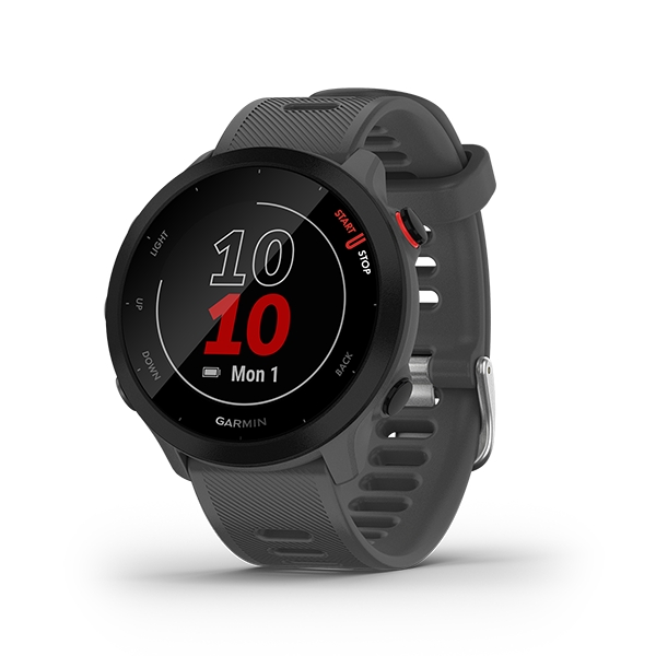 Garmin Forerunner 55 GPS智慧心率跑錶 內斂灰 | 一款容易上手的跑錶，可監測腕式心率並利用 GPS 追蹤跑步距離、速度及位置依據近期的跑步表現、恢復時間及體能狀況提供每日訓練建議透過 PacePro (簡易版) 為特定路線或一段特定距離獲得配速指引電池效能：手錶模式下長達 14 天， GPS 模式下長達 20 小時。