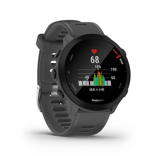 Garmin Forerunner 55 GPS智慧心率跑錶 內斂灰 | 一款容易上手的跑錶，可監測腕式心率並利用 GPS 追蹤跑步距離、速度及位置依據近期的跑步表現、恢復時間及體能狀況提供每日訓練建議透過 PacePro (簡易版) 為特定路線或一段特定距離獲得配速指引電池效能：手錶模式下長達 14 天， GPS 模式下長達 20 小時。