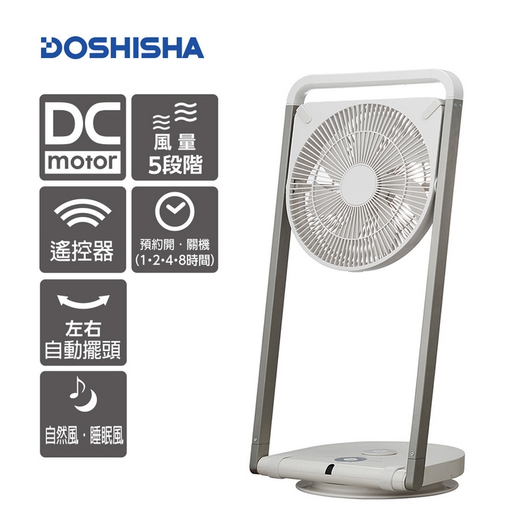日本DOSHISHA 摺疊風扇 FLT-253D | 日本設計.外型時尚5段風量選擇設計方便收納(厚度6.6CM)7枚扇片風量大且更輕柔風扇方向可往下45度，往上90度可預約開(並可選擇風量)關機DC節能省電(瓦數僅10W)