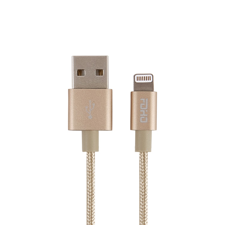 FOHO Apple MFi Lightning 充電傳輸線 1.5M 編織金 | 傳輸資料、充電雙面皆可使用、正反可插標準USB2.0接頭、8PNG接頭傳輸同步充電功能。可不斷支援iOS系統升級